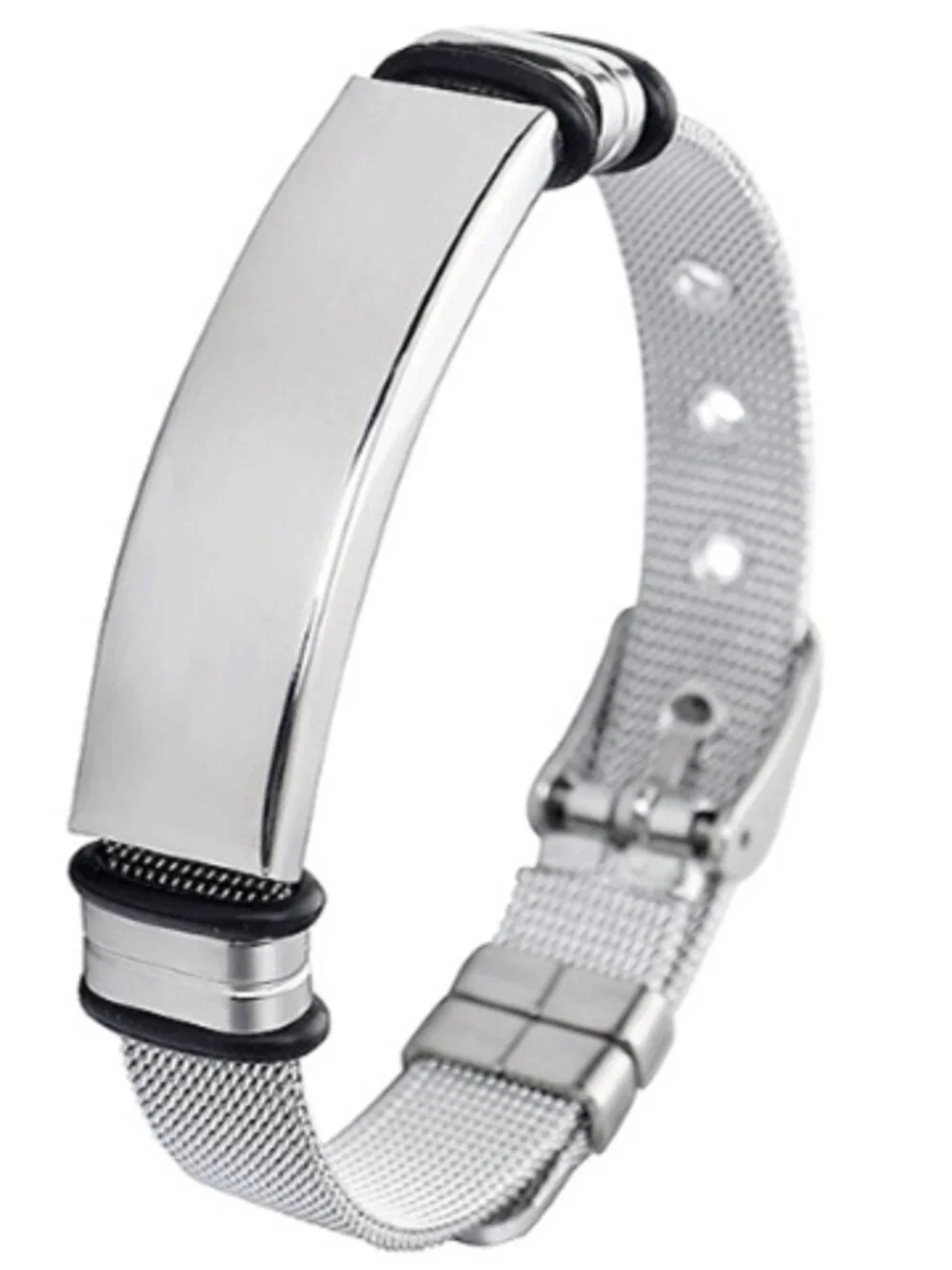 Men’s Two Tone Silicone Bracelet Matte Black Silver Engravable Bar Wrist Band Mi